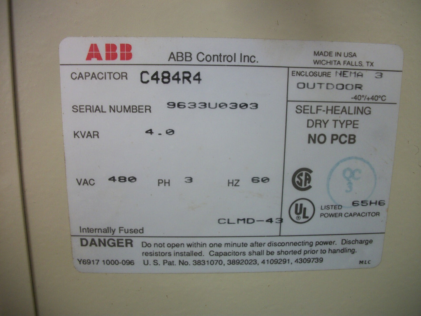 ABB 4KVAR 3PH CAPACITOR TYPE 3R C484R4 480VOLT NIB