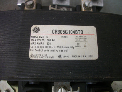 GE SIZE 5 CONTACTOR CR305G104BTD 270AMP 480VCOIL 3PH 600V 200HP