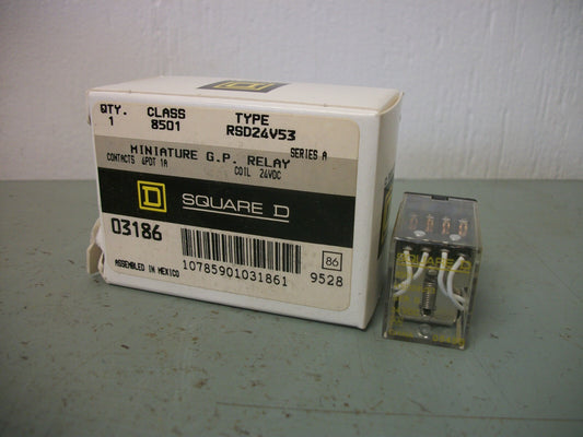 SQUARE D 4PDT MINI GP RELAY 8501RSD24V53 1AMP 24VDC NIB