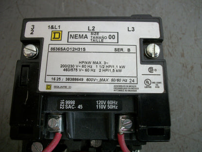 SQUARE D SIZE 00 MOTOR STARTER 8536SAO12H31S 120VCOIL 3PH 600V 2HP W/ML NOB