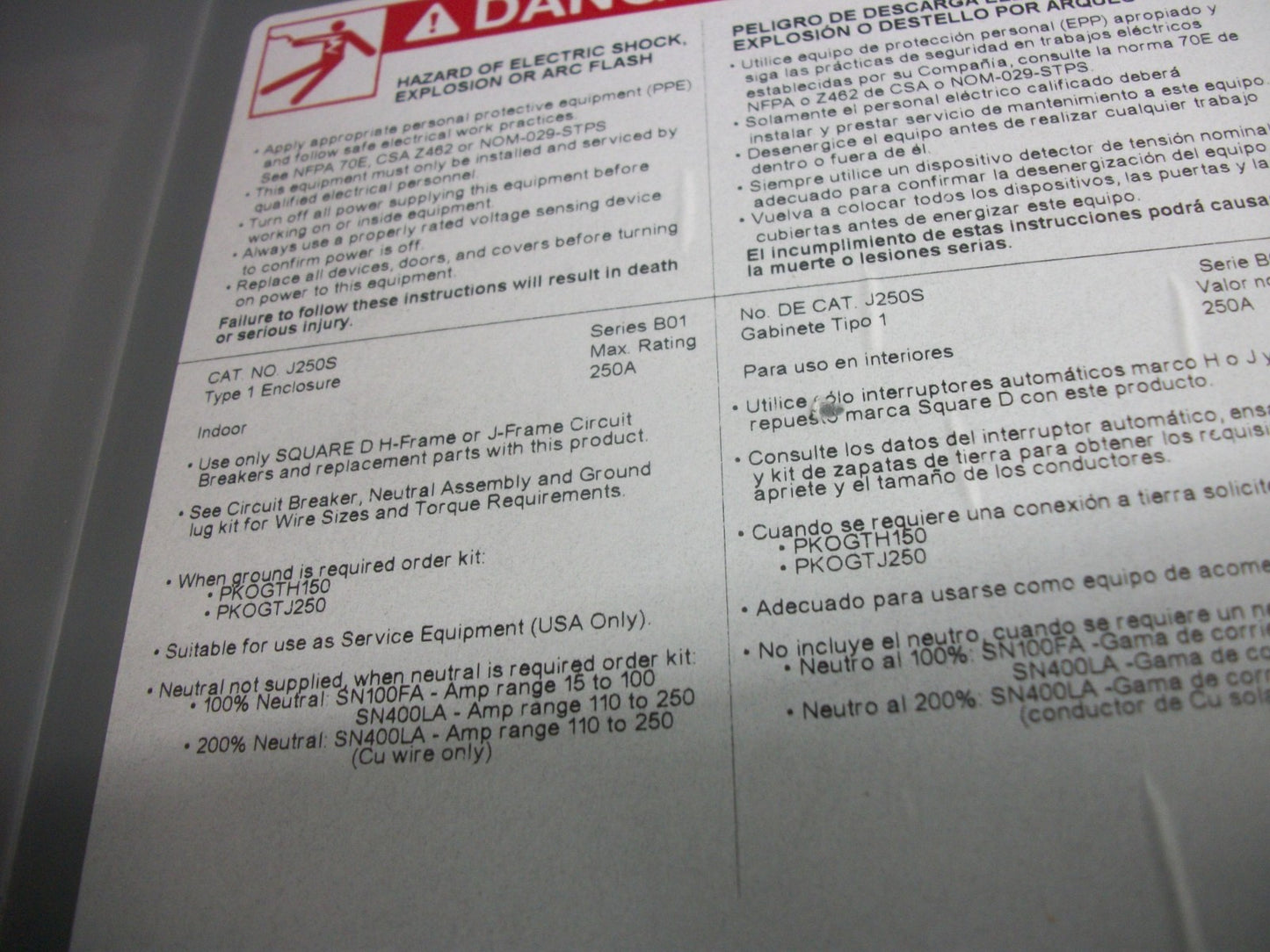 SQUARE D CIRCUIT BREAKER ENCLOSURE J250S 250AMP 600VOLT