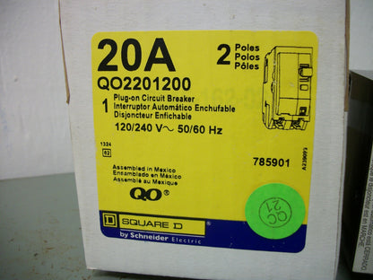 SQUARE D QO CIRCUIT BREAKER QO2201200 20AMP 240VOLT 2POLE W/AUX SWITCH NIB