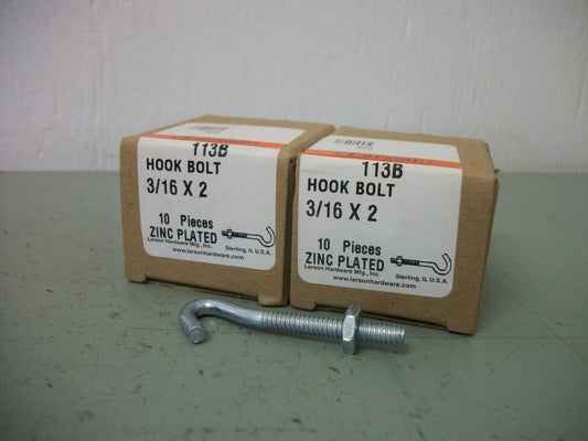 LARSON 2 BOX OF 20 COUNT 3/16" X 2" ZINC PLATED HOOK BOLTS 113B NIB