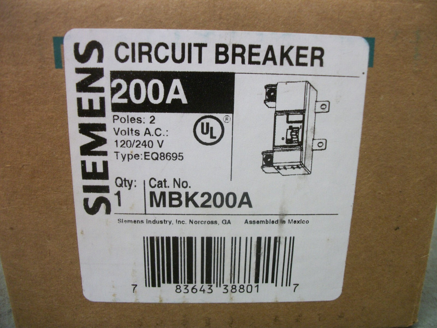 SIEMENS EQ8695 CIRCUIT BREAKER MBK200A 200AMP 240VOLT 2POLE NIB