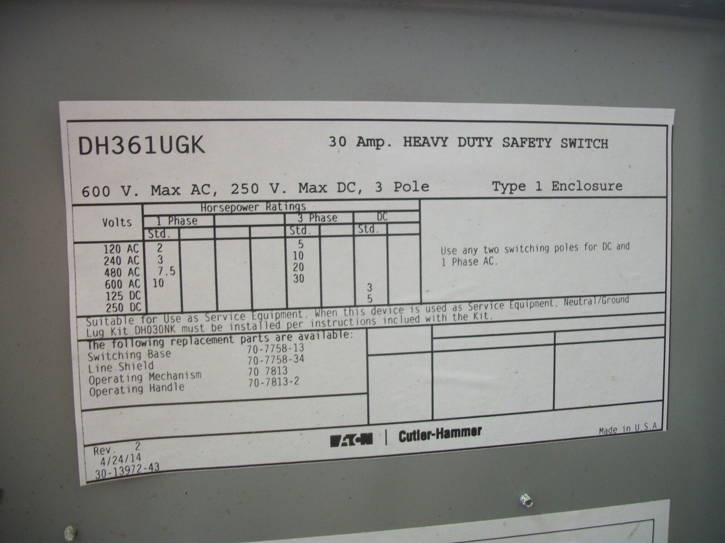 CUTLER-HAMMER DISCONNECT TYPE 1 DH361UGK 30AMP 600VOLT 3POLE NON-FUSIBLE NOB