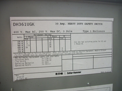CUTLER-HAMMER DISCONNECT TYPE 1 DH361UGK 30AMP 600VOLT 3POLE NON-FUSIBLE NOB