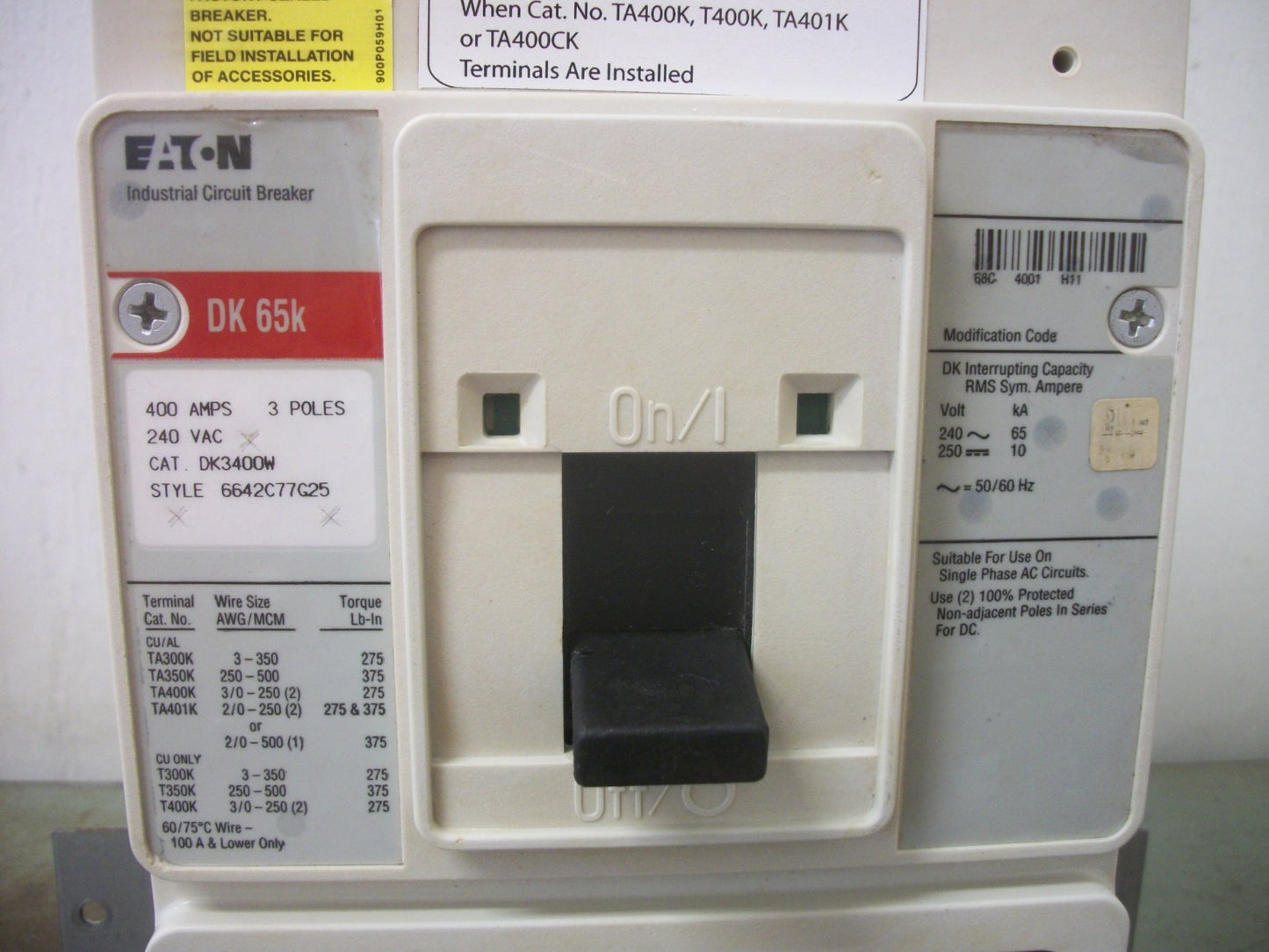 CUTLER-HAMMER DK CIRCUIT BREAKER DK3400W 400AMP 240VOLT 3POLE RED W/400A TRIP HW