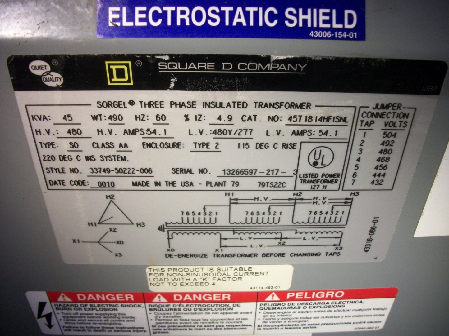 SQUARE D 45KVA 3PH TRANSFORMER 45T1814HFISNL HV 480 LV 480Y/277
