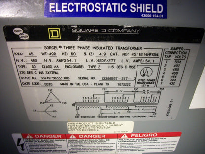 SQUARE D 45KVA 3PH TRANSFORMER 45T1814HFISNL HV 480 LV 480Y/277