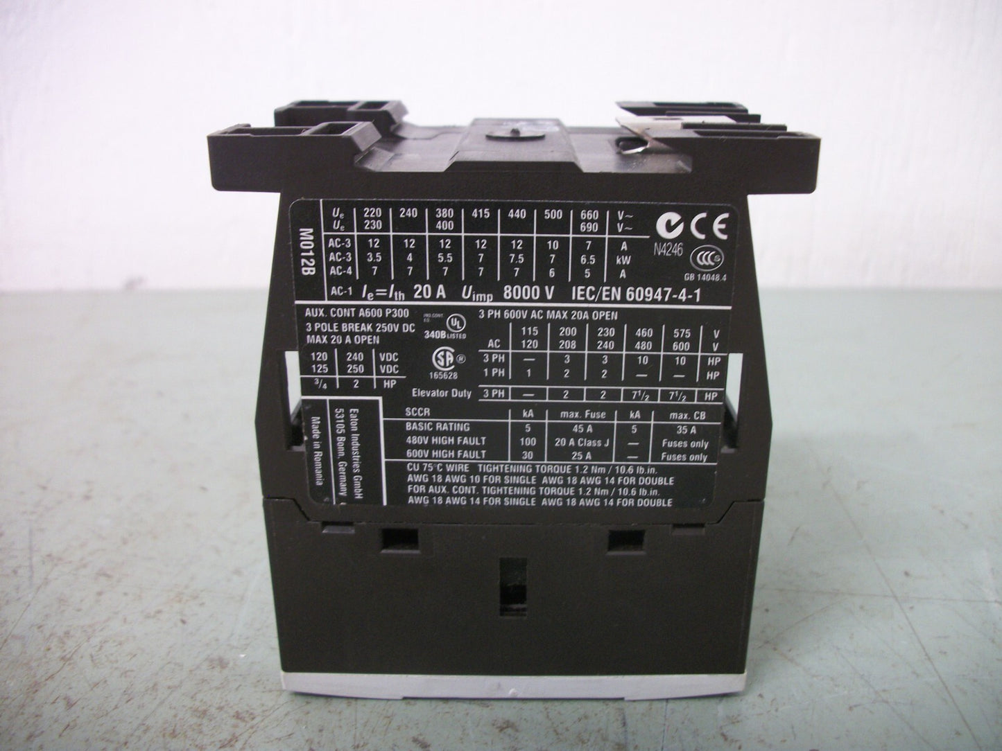 CUTLER-HAMMER CONTACTOR XTCE012B01 20AMP 120VCOIL 3PH 600V 10HP