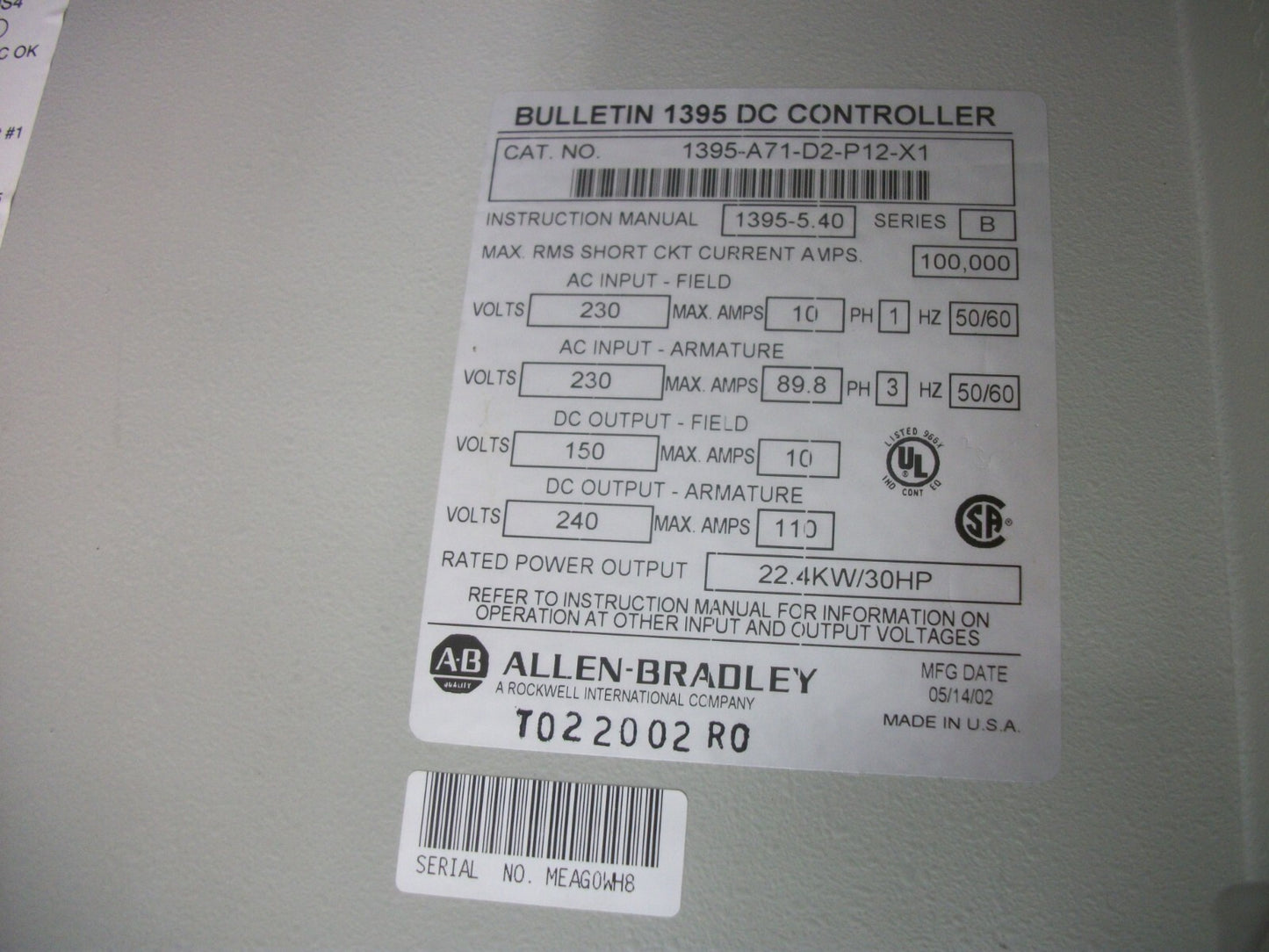 ALLEN-BRADLEY 1395 30HP DC DRIVE 1395-A71-D2-P12-X1 FIELD 150VDC ARM 240VDC