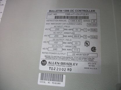 ALLEN-BRADLEY 1395 30HP DC DRIVE 1395-A71-D2-P12-X1 FIELD 150VDC ARM 240VDC