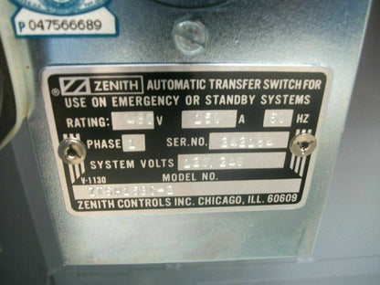 ZENITH ENCL AUTOMATIC TRANSFER SWITCH ZTSH15BC-2 150AMP 480VOLT 1PH NEW