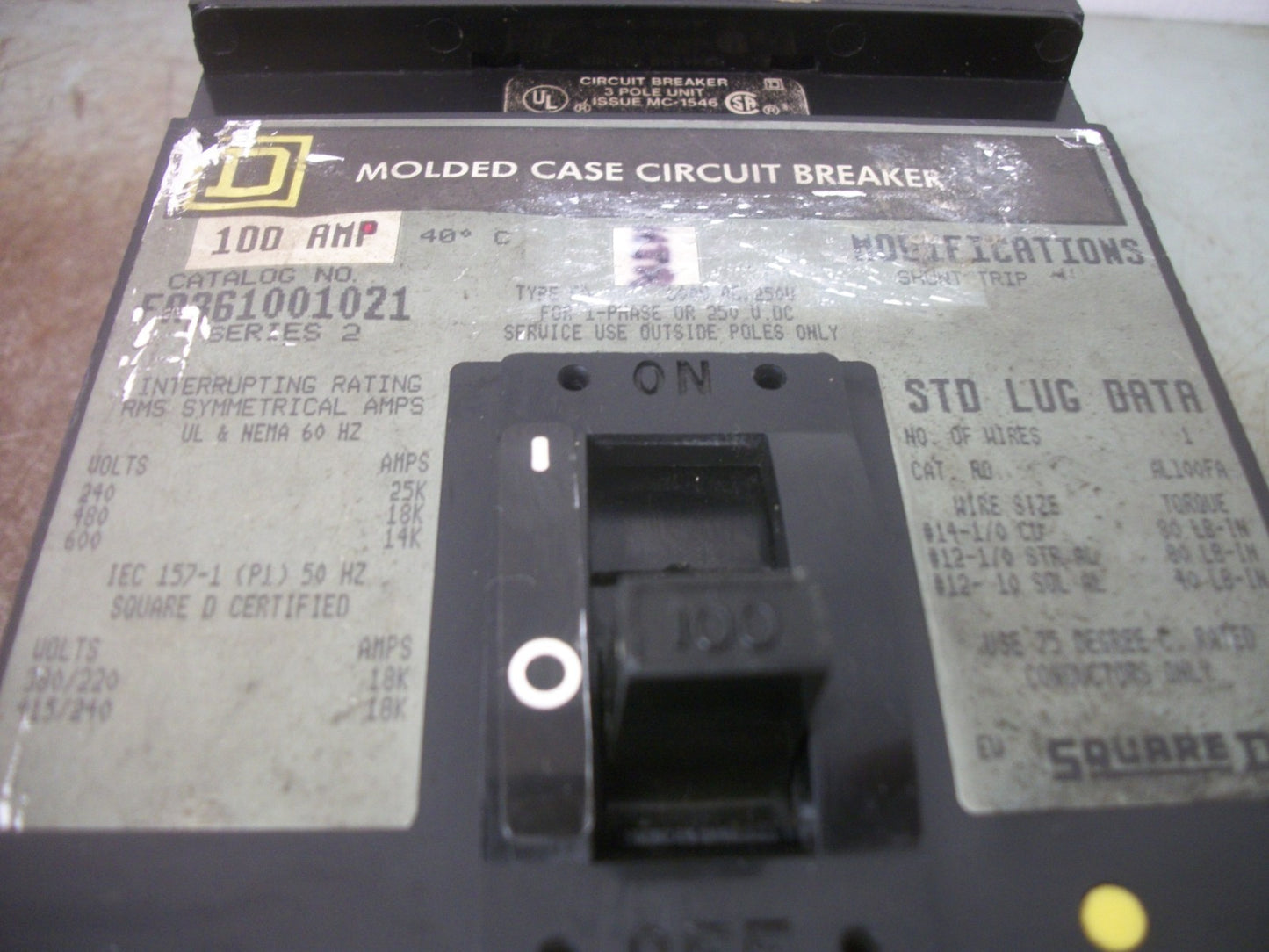 SQUARE D I-LINE FA CIRCUIT BREAKER FA361001021 100AMP 600VOLT 3POLE W/SHUNT CHIP