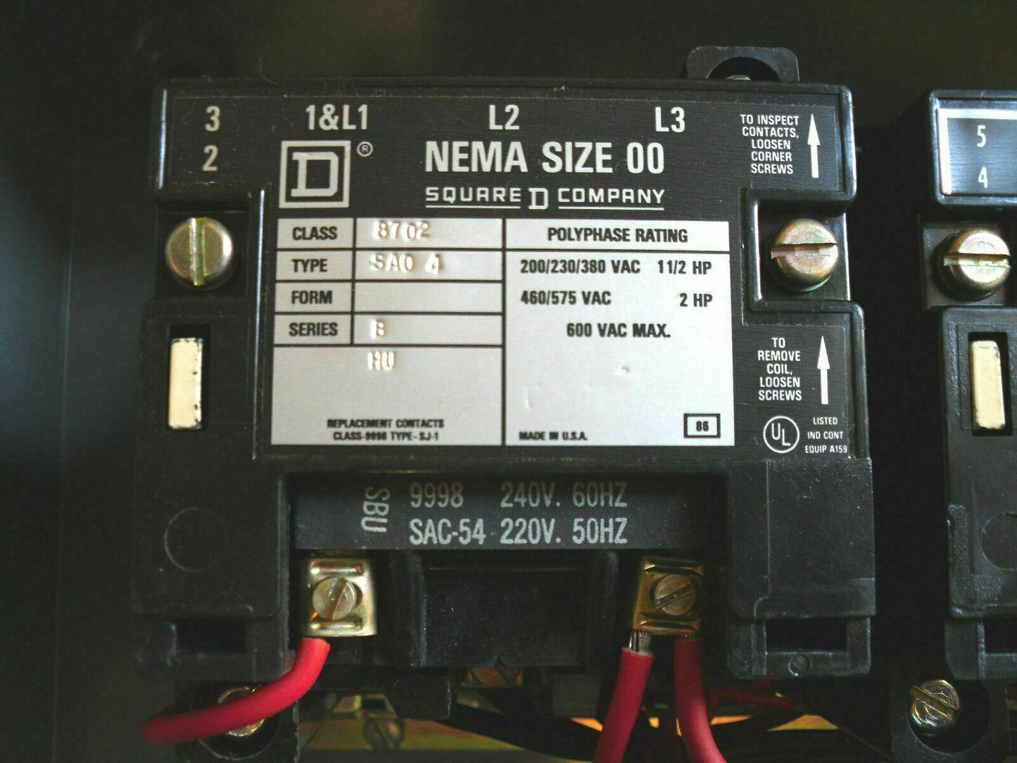SQUARE D ENCL SIZE 00 REV CONTACTOR 8702SAO4 240VCOIL 3PH 600V 2HP *NOB*