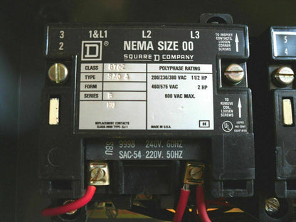 SQUARE D ENCL SIZE 00 REV CONTACTOR 8702SAO4 240VCOIL 3PH 600V 2HP *NOB*