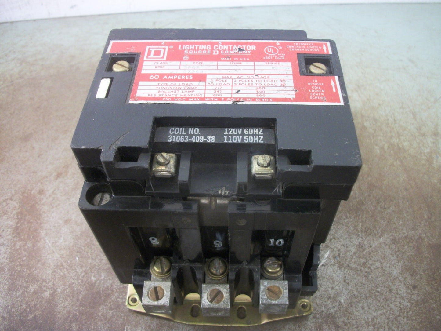 SQUARE D 60AMP LIGHTING CONTACTOR 8903SPO2 120VCOIL NOB