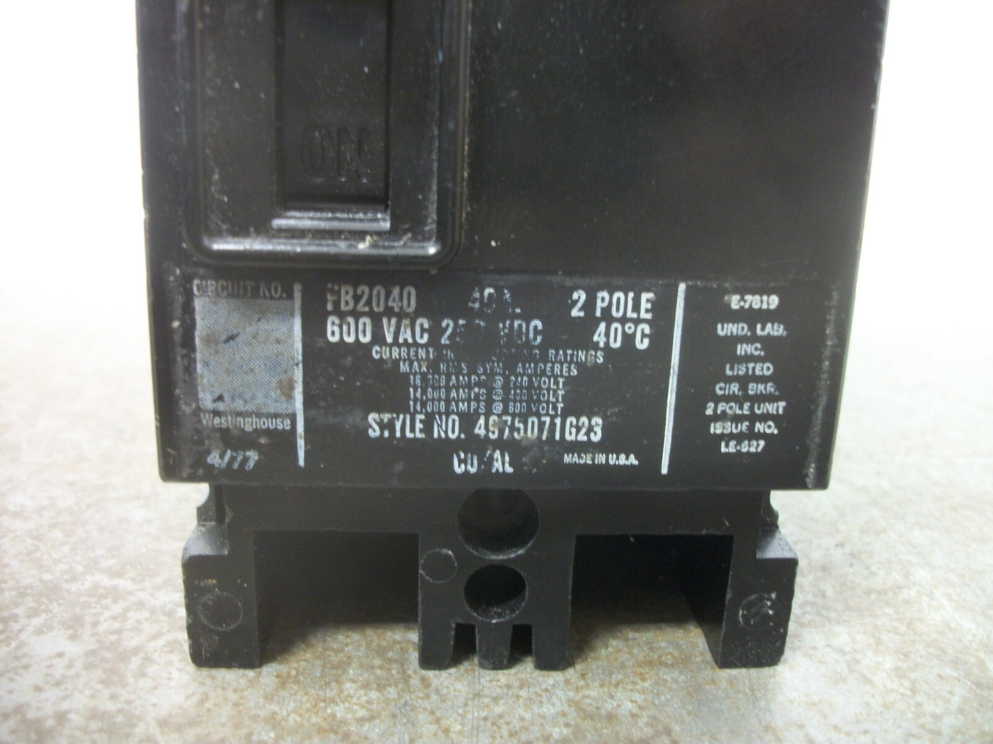 WESTINGHOUSE FB CIRCUIT BREAKER FB2040 40AMP 600VOLT 2POLE