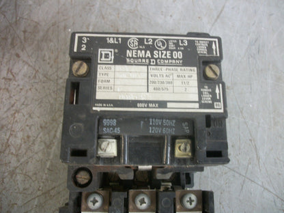 SQUARE D SIZE 00 MOTOR STARTER 8536SAO12 120VCOIL 3PH 600V 2HP