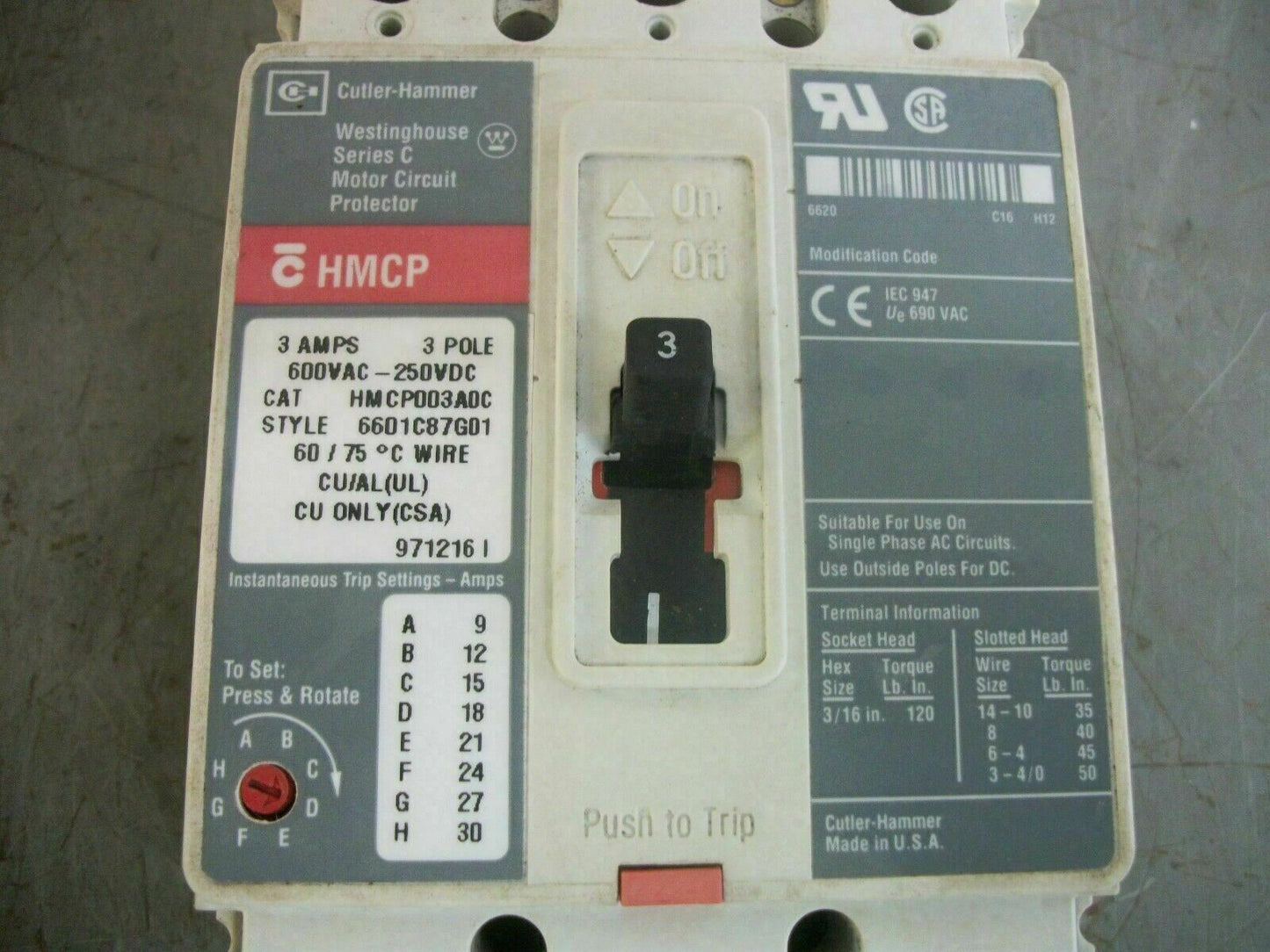 CUTLER-HAMMER HMCP CIRCUIT BREAKER HMCP003A0C 3AMP 600VOLT 3POLE