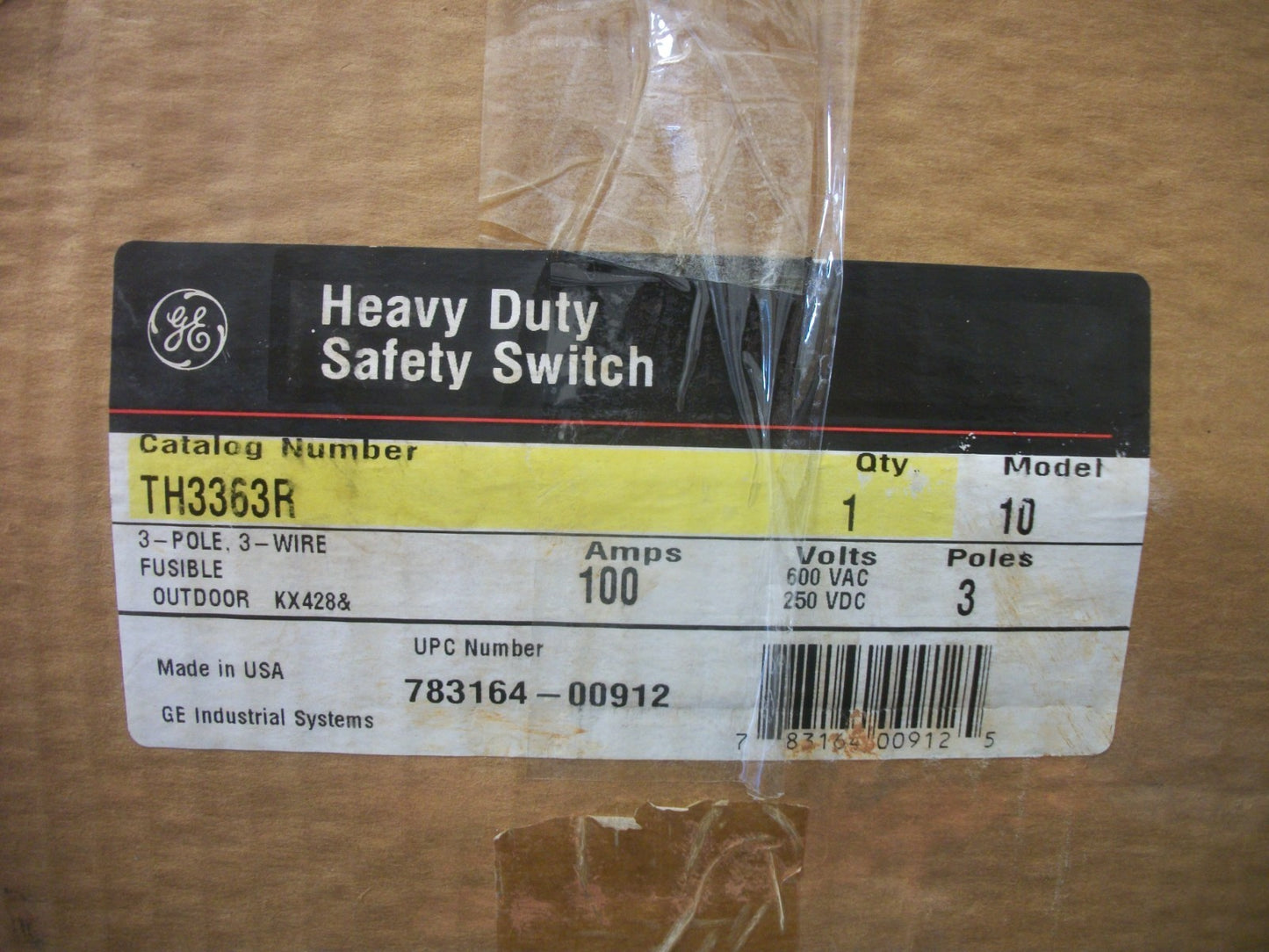 GE DISCONNECT TYPE 3R TH3363R 100AMP 600VOLT 3POLE FUSIBLE NIB