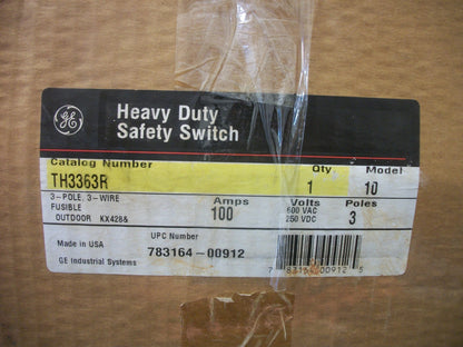 GE DISCONNECT TYPE 3R TH3363R 100AMP 600VOLT 3POLE FUSIBLE NIB