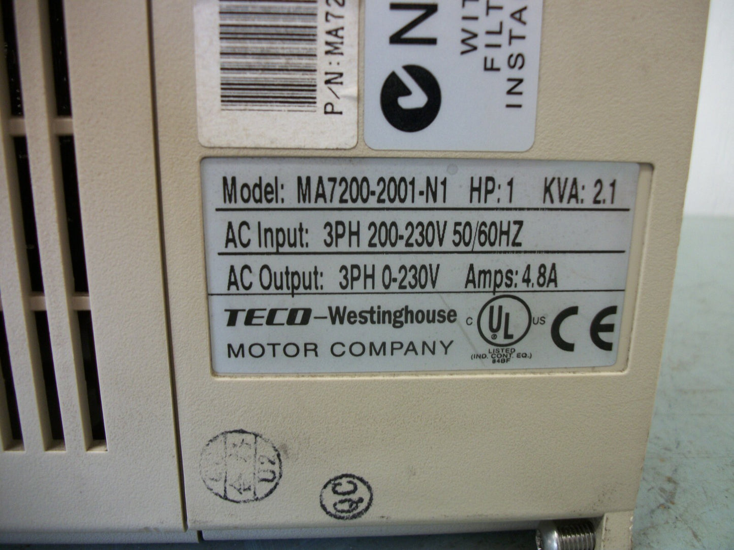 TECO MA7200 1HP ADJUSTABLE SPEED DRIVE MA7200-2001-N1 230VOLT 4.8AMP 3PH