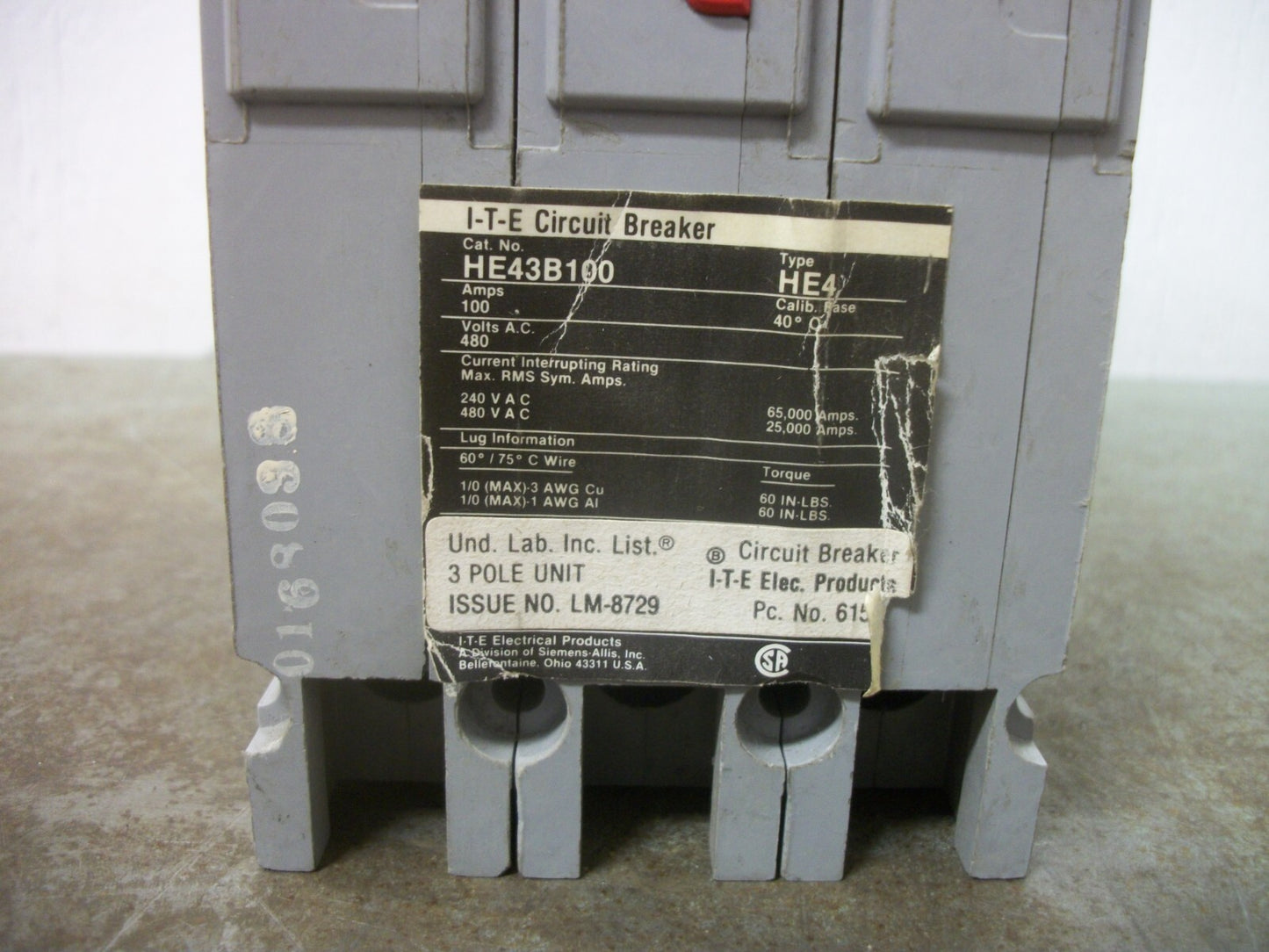 SIEMENS ITE HE4 CIRCUIT BREAKER HE43B100 100AMP 480VOLT 3POLE