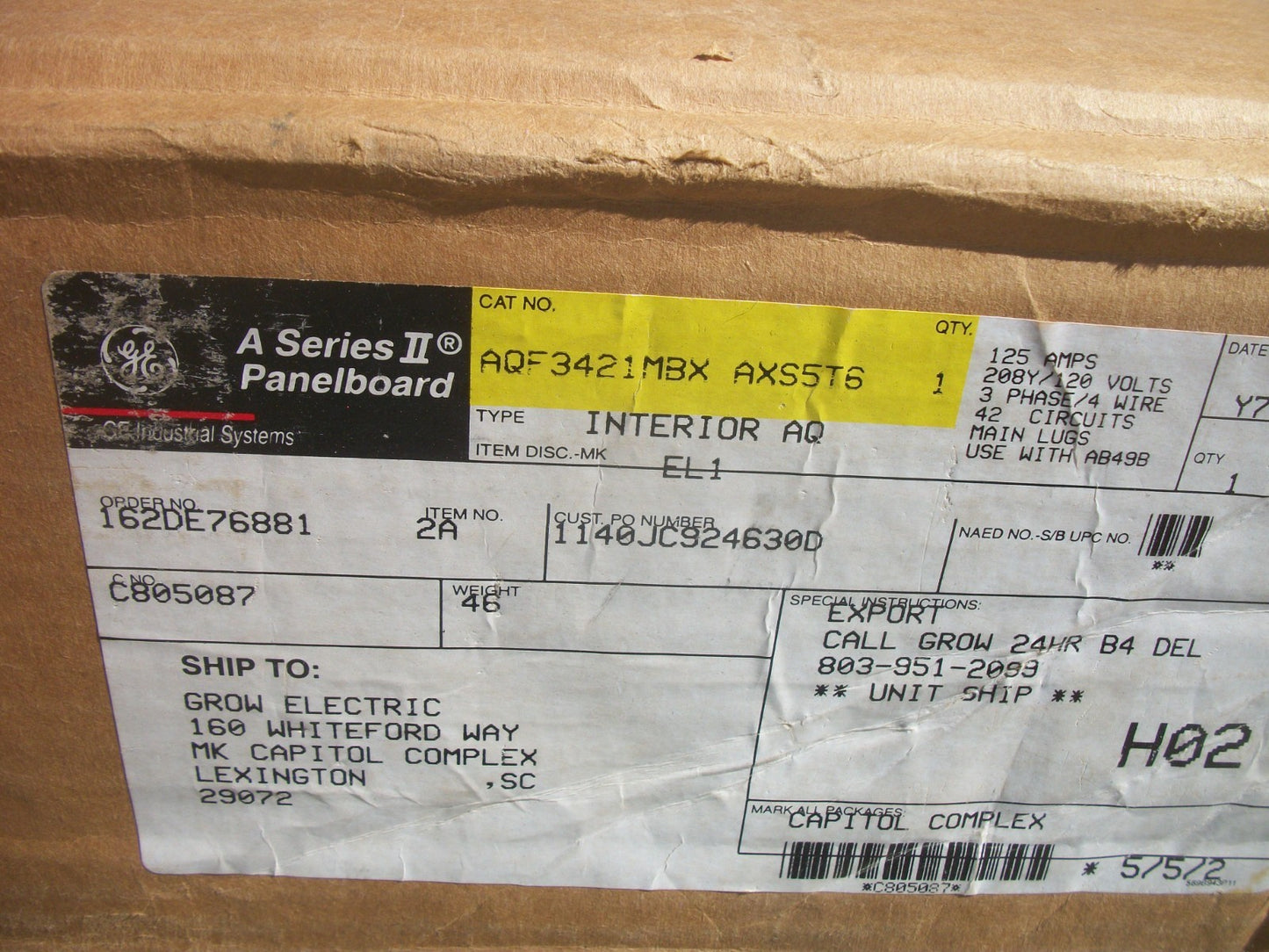 GE A SERIES II PANELBOARD INTERIOR AQF3421MBXAXS5T6 125A 208Y/120V 3PH SURGE NIB
