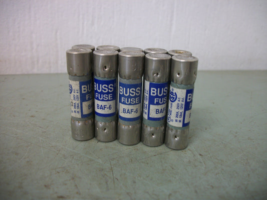 BUSSMANN LOT OF 10 FUSES BAF6 6AMP 250VOLT NOB