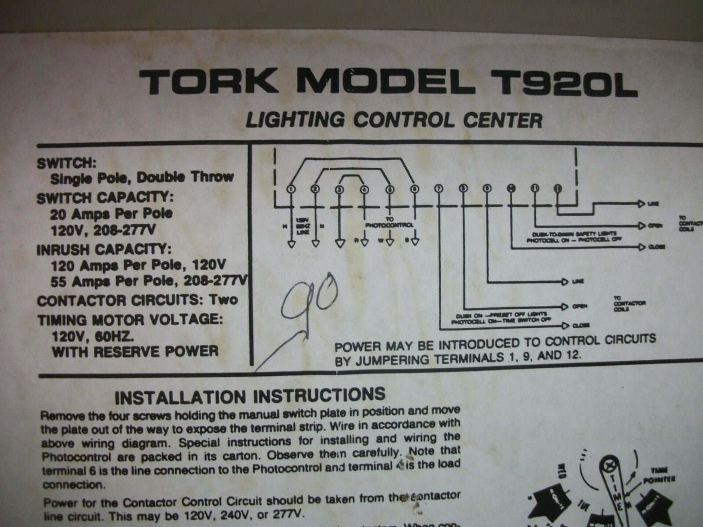 TORK SPDT 7-DAY LIGHTING CONTROL TIME SWITCH 95-21 T920L 20AMP 120/208/277VOLT