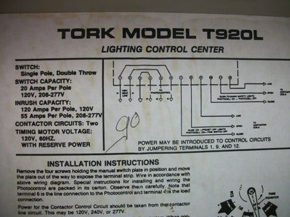 TORK SPDT 7-DAY LIGHTING CONTROL TIME SWITCH 95-21 T920L 20AMP 120/208/277VOLT
