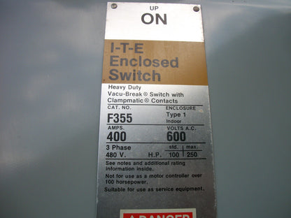 SIEMENS DISCONNECT TYPE 1 F355 400AMP 600VOLT 3POLE FUSIBLE