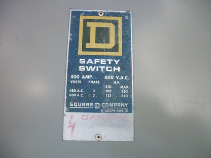 SQUARE D DISCONNECT TYPE 1 H365 400AMP 600VOLT 3POLE FUSIBLE REFURB
