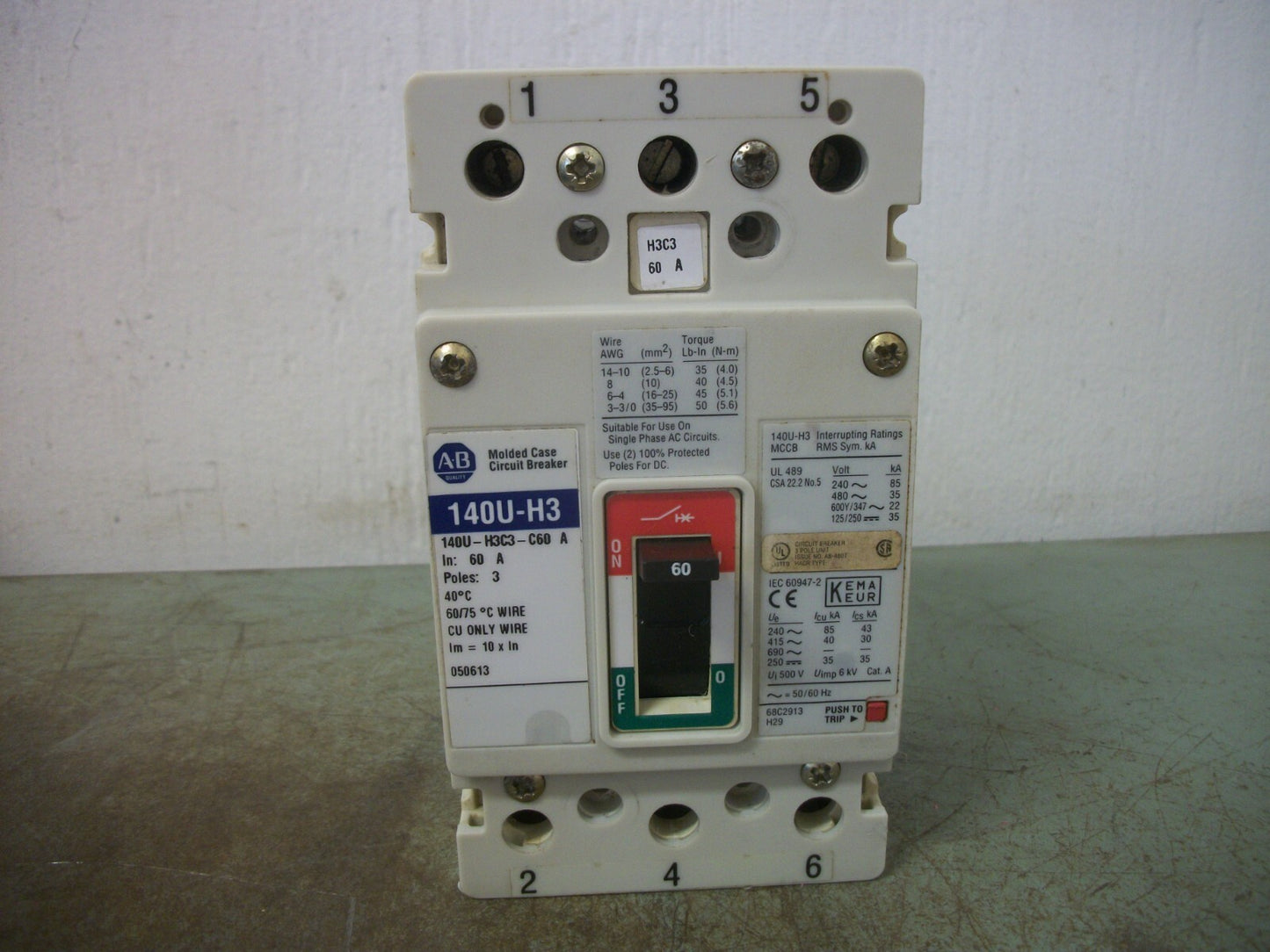ALLEN-BRADLEY 140U-H3 CIRCUIT BREAKER 140U-H3C3-C60 60AMP 600VOLT 3POLE