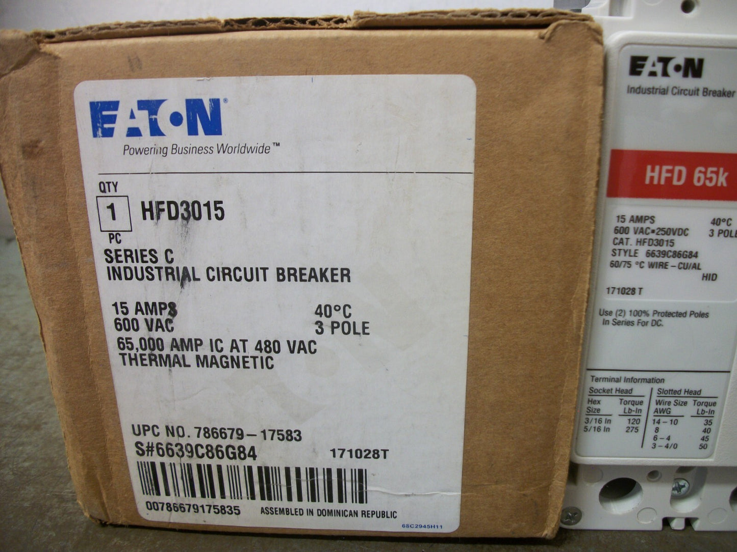 CUTLER-HAMMER HFD CIRCUIT BREAKER HFD3015 15AMP 600VOLT 3POLE RED NIB