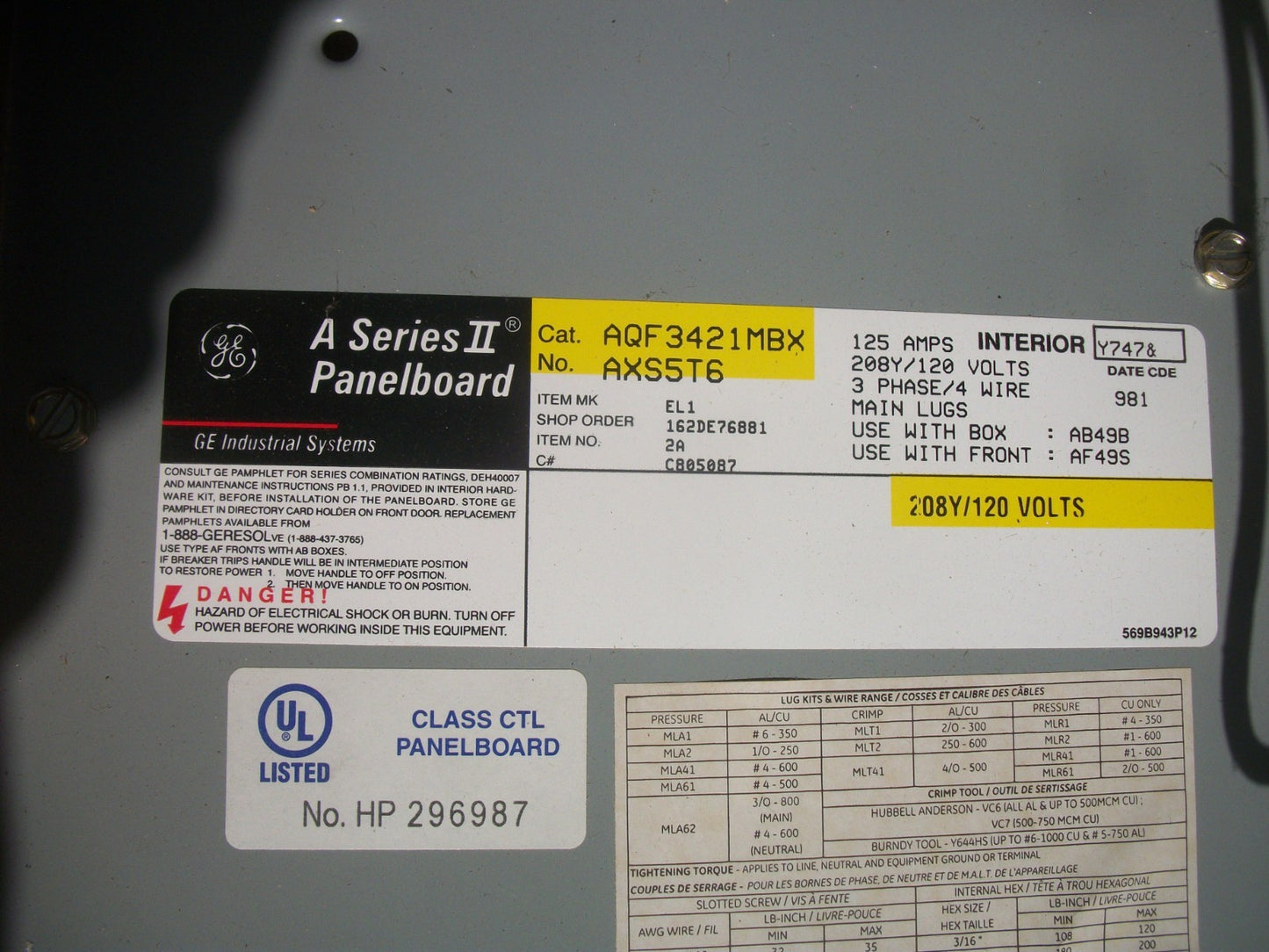 GE A SERIES II PANELBOARD INTERIOR AQF3421MBXAXS5T6 125A 208Y/120V 3PH SURGE NIB