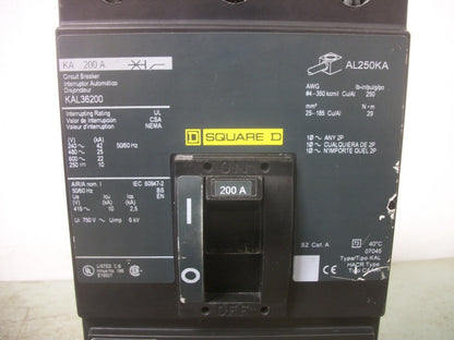 SQUARE D KAL CIRCUIT BREAKER KAL36200 200AMP 600VOLT 3POLE GREEN