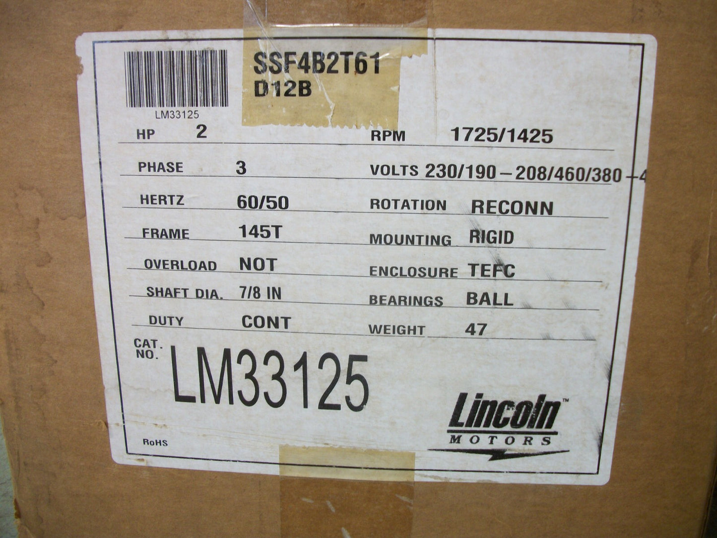 LINCOLN 2HP TEFC 145T AC MOTOR LM33125 LM33125A 460VOLT 1725RPM 3PH NIB