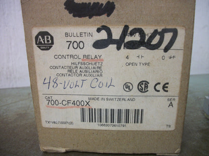 ALLEN-BRADLEY CONTROL RELAY 700-CF400X 48VCOIL 25AMP NIB