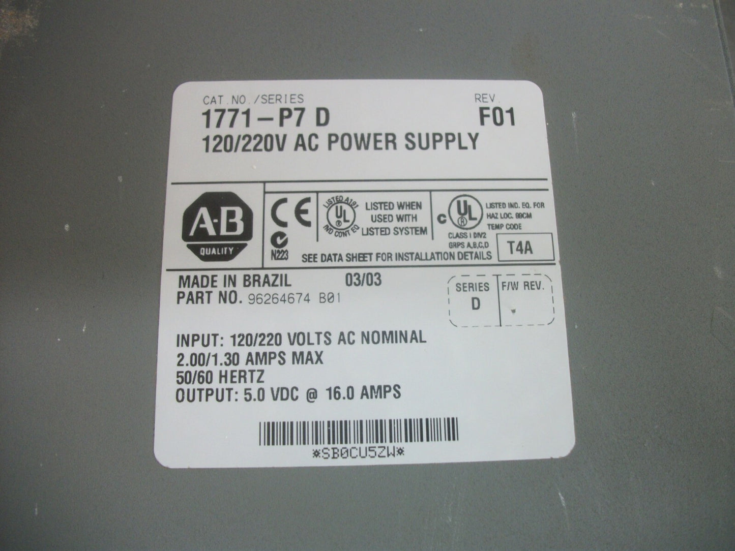 ALLEN-BRADLEY 120/220VOLT AC PLC POWER SUPPLY 1771-P7D