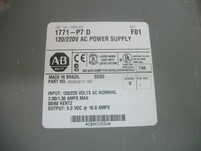 ALLEN-BRADLEY 120/220VOLT AC PLC POWER SUPPLY 1771-P7D