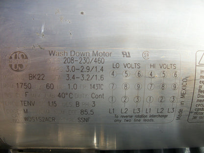 US MOTORS 1HP 143TC TENV WASH DOWN AC MOTOR WDS1S2ACR 460VOLT 1750RPM 3PH NOB