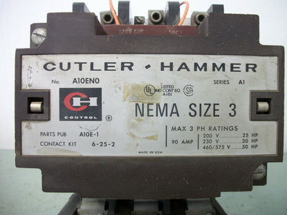 CUTLER-HAMMER SIZE 3 MOTOR STARTER A10EN0 90AMP 120VCOIL 3PH 600V 50HP