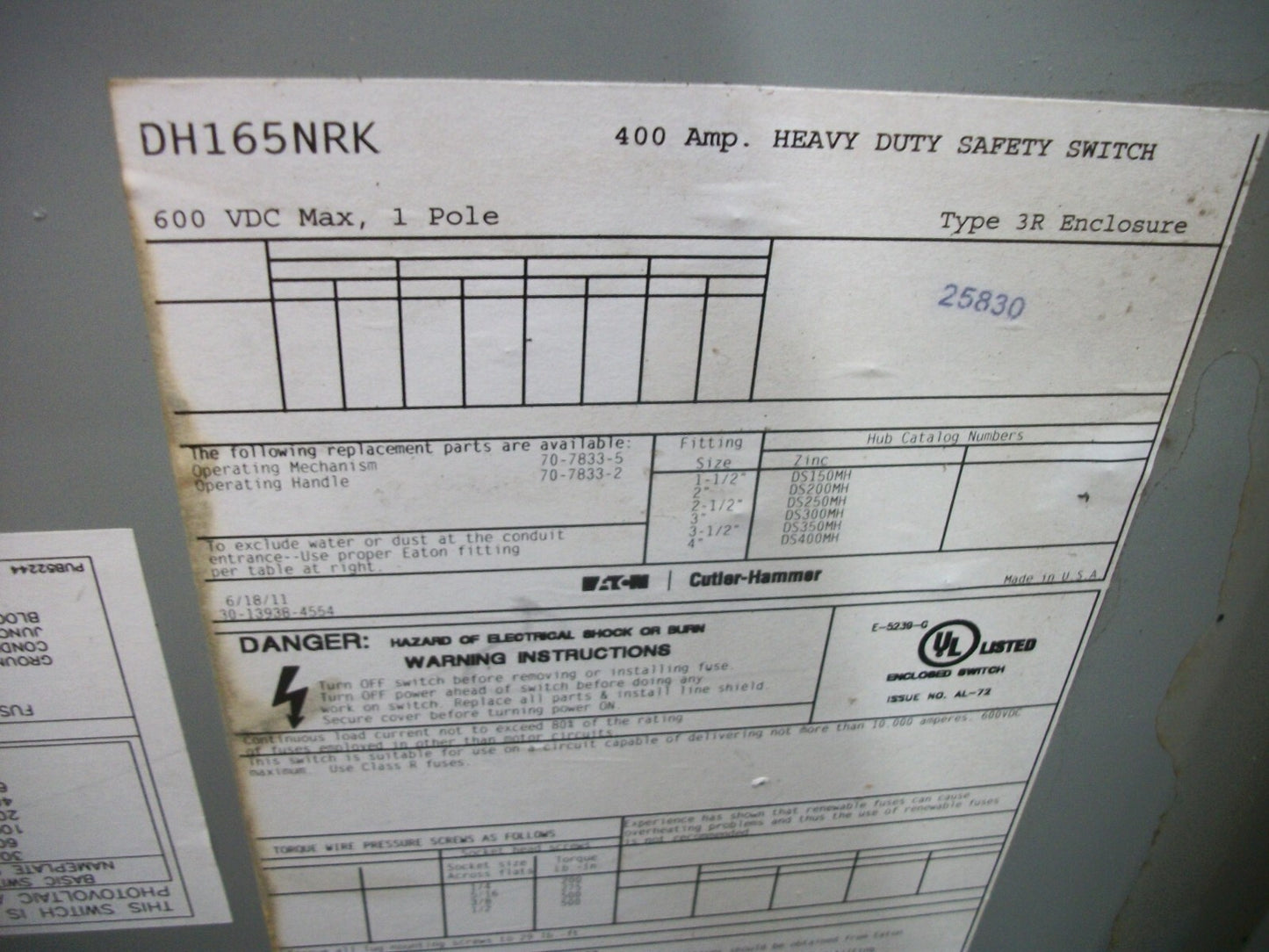 CUTLER-HAMMER DISCONNECT TYPE 3R DH165NRK 400AMP 600VDC 1POLE FUSIBLE
