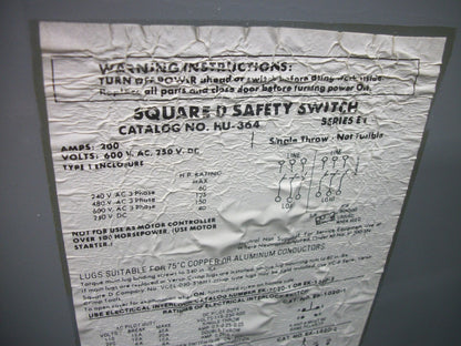 SQUARE D DISCONNECT TYPE 1 HU364 200AMP 600VOLT 3POLE NON-FUSIBLE OLD