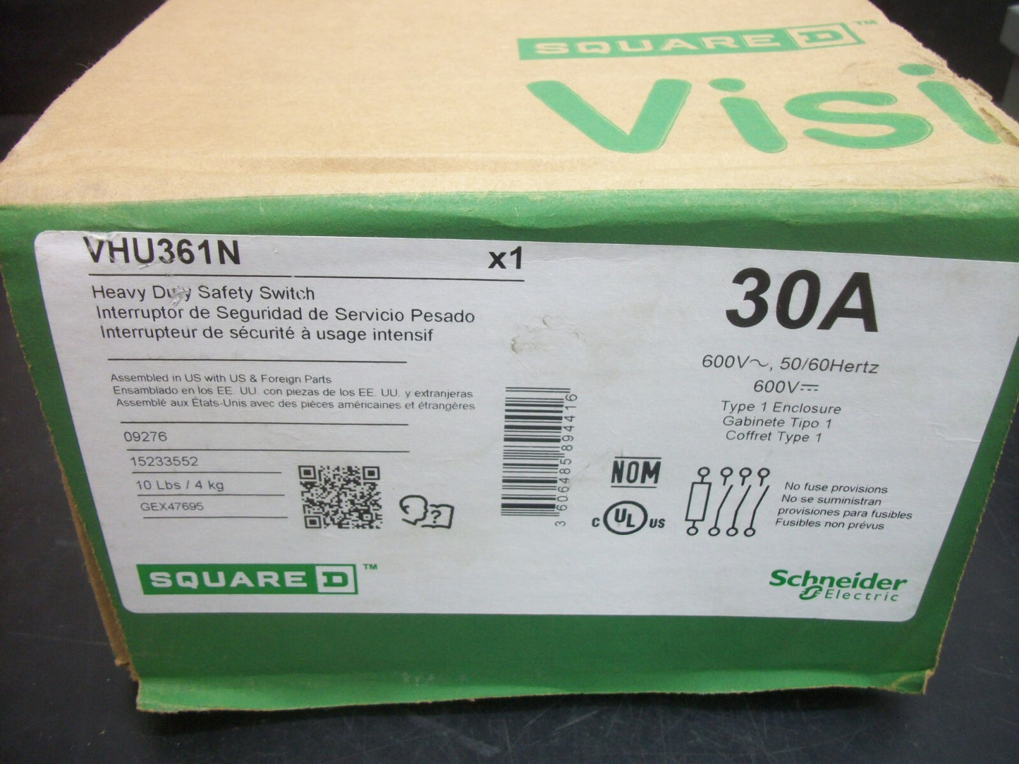 SQUARE D DISCONNECT TYPE 1 VHU361N 30AMP 600VOLT 3POLE FUSIBLE NIB