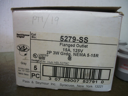 PASS & SEYMOUR BOX OF 5 GRAY FLANGED OUTLETS 5279-SS 15A 125V 2P 3W GRND NIB