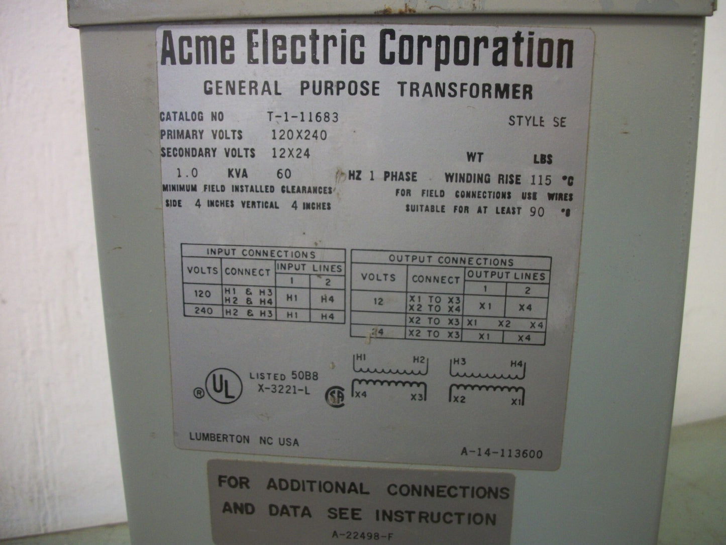 ACME 1KVA 1PH TRANSFORMER T-1-11683 HV 120X240 LV 12X24 NOB