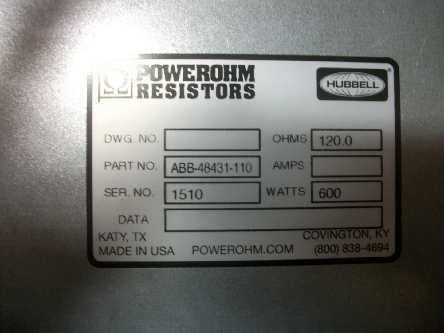 HUBBELL POWEROHM BRAKING RESISTOR UNIT ABB-48431-110 120OHM 600WATT NOB